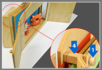 Če do konca odvijete vijaka 1 in 2, odstranite zgornji pokrov (3) in povezovalna stebrička 4 in 5, lahko oder uporabite za lutkovno predstavo z lutkami na palici.